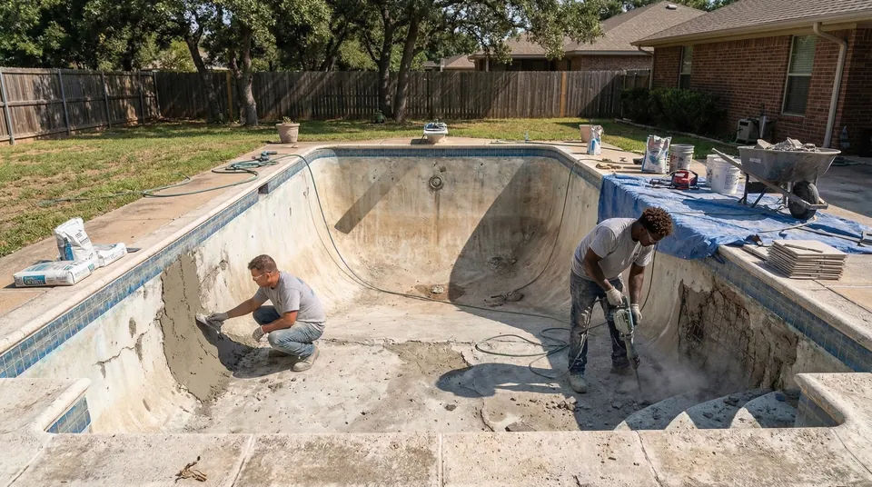 Pool shell being resurfaced during a renovation