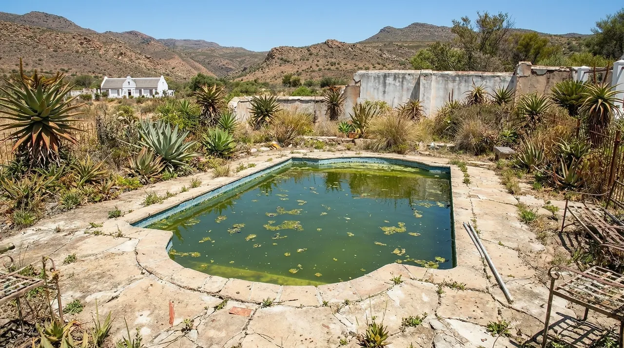 Neglected pool with green algae-filled water, before treatment