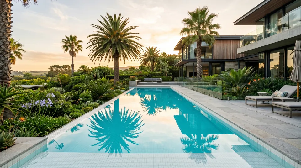 Crystal-clear luxury pool with natural stone coping, lush tropical garden and panoramic mountain views