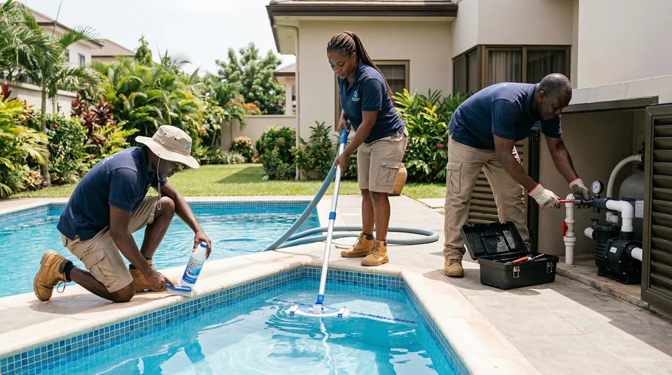 Bantu Pools team servicing pool pump equipment