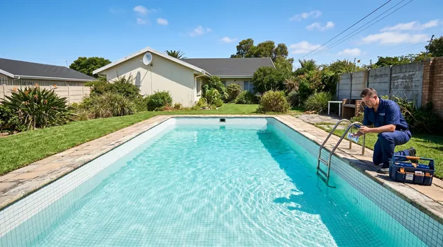 The same pool with crystal-clear blue water, a technician reading chemical test results