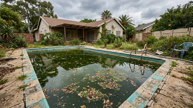 Neglected residential pool with green algae water, overgrown garden and debris — before treatment