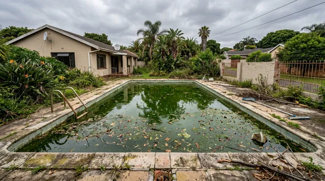 Another neglected residential pool full of green algae and floating leaves — before treatment