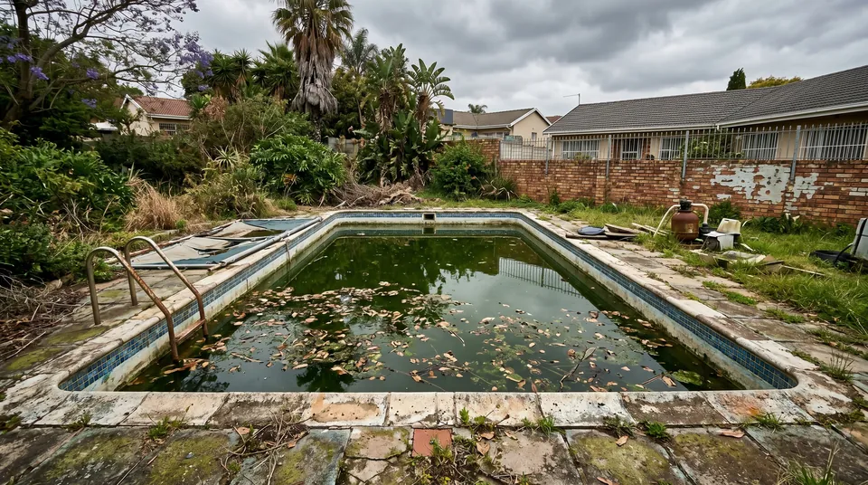 Severely neglected pool with broken cover, heavy debris and algae-green water, awaiting a Bantu Pools rescue